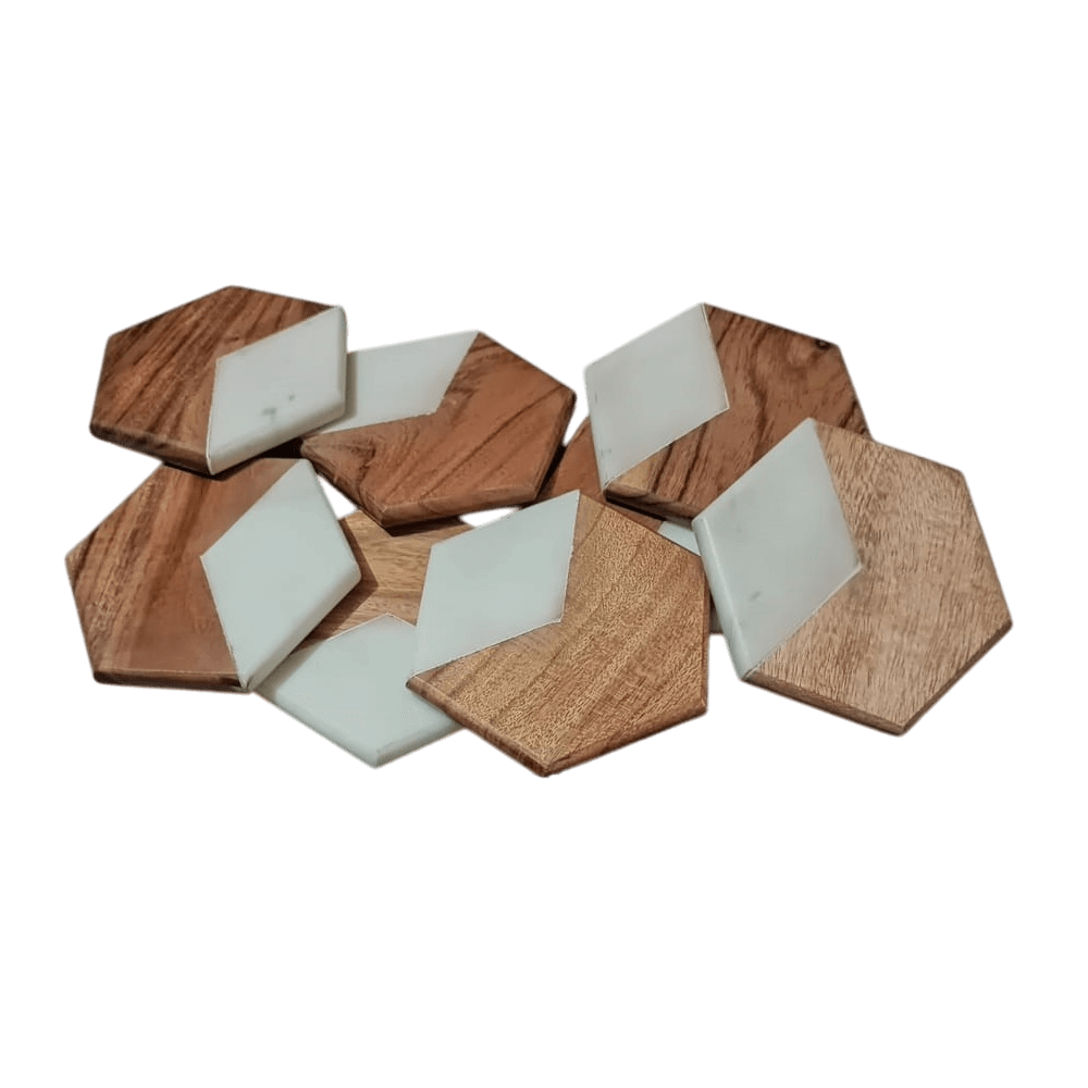 MARBLE & WOOD COASTER HEXAGON SHAPE (POLISH)